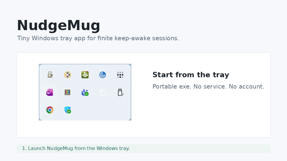 NudgeMug tray menu demo showing a visible mouse nudge and countdown.