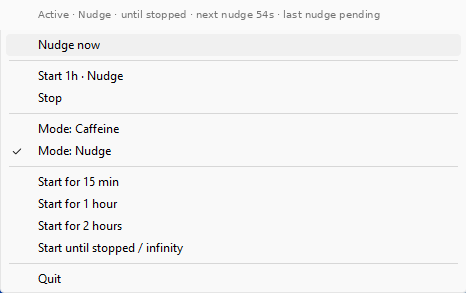 NudgeMug native Windows tray menu with Nudge and Caffeine modes.